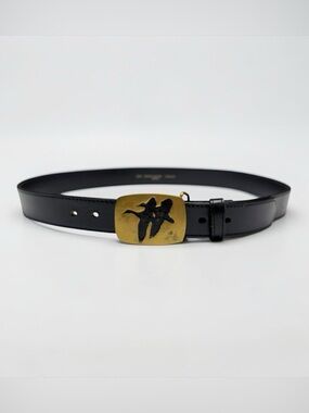 Vintage 70s BTS  Mens Solid Brass Leather Belt‎ Ducks Black Size 42